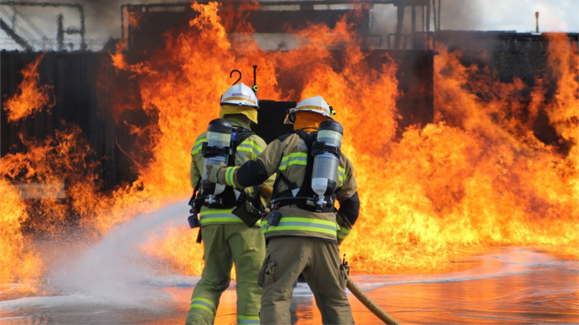 Firefighters battling flames