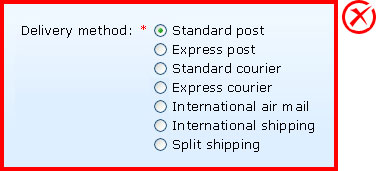 Not recommended: Seven options are displayed using radio buttons.