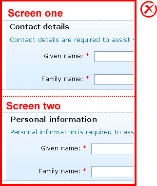 Incorrect implementation: The same details are collected on different screens using inconsistent labels.
