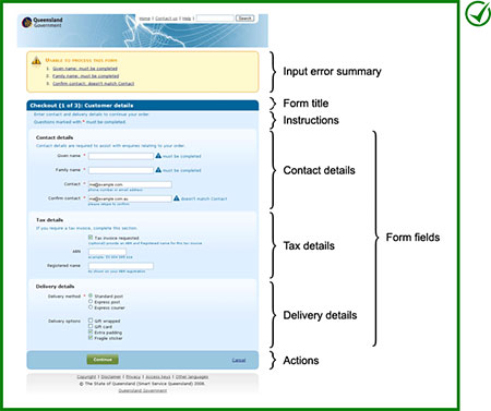 Correct implementation: Different types of content are clearly separate: Input error summary, form title, instructions, form fields (contact details, tax details and delivery details) and actions are visually separate and distinct.