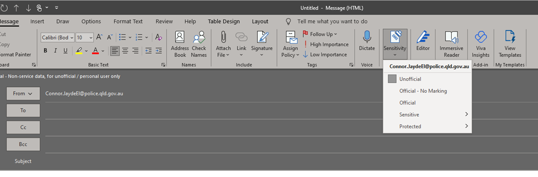 Screenshot of a new message window in outlook