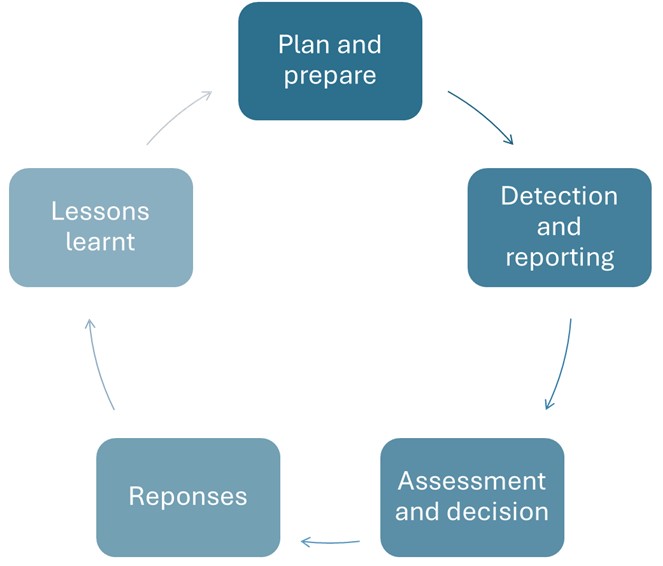 Incident management process cycle steps: Plan and prepare Detection and reporting Assessment and decision Reponses Lessons learnt