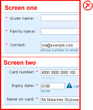 Incorrect implementation: A left-aligned layout has been used on the first screen and a right-aligned layout has been used on the second screen. A consistent layout should have been chosen for all screens.