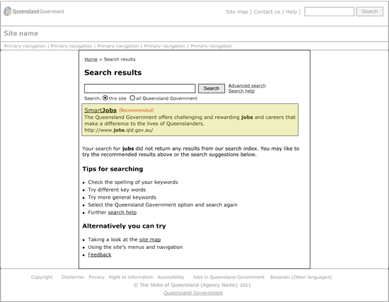 Figure shows an example of page layout for a no search result page, with a featured search result (or recommendation)