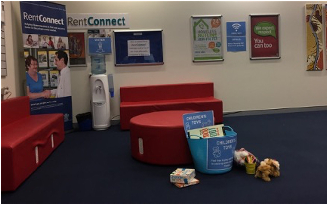Fortitude Valley HSC, where prototypes were deployed. Visible prototypes include a water cooler, children&rsquo;s toys, and a sign informing the reader of free wi-fi.
