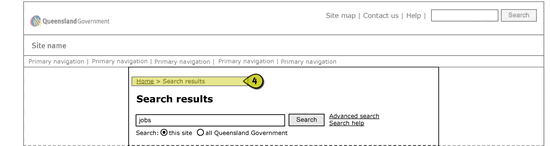 Figure shows the breadcrumb location in the page content area, under the primary (site) navigation bar