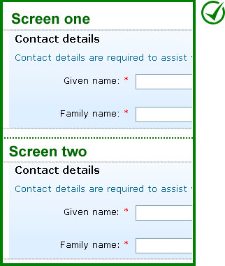 Correct implementation: The same details are collected on different screens using the same title.