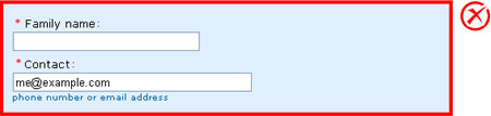 Incorrect implementation: The required field indicators are aligned but the input controls are interrupting the required field indicators' column. This is not ideal.