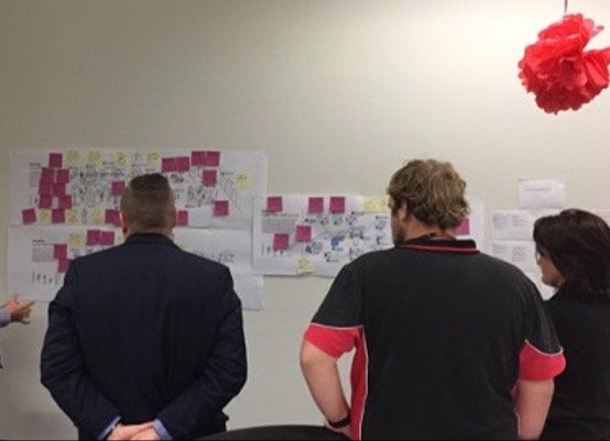 Four staff members standing in front of a wall reviewing a journey map with post it notes on it.